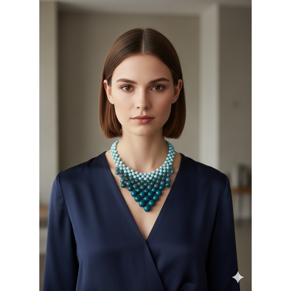 Bubble Bead Bib Necklace Turquoise Ombre Graduated Choker Boho Statement Lg